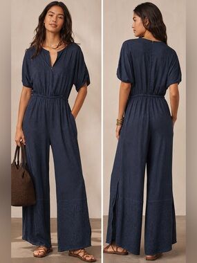 Anthropologie Maeve Navy Jacquard Wide Leg Jumpsuit Size Small